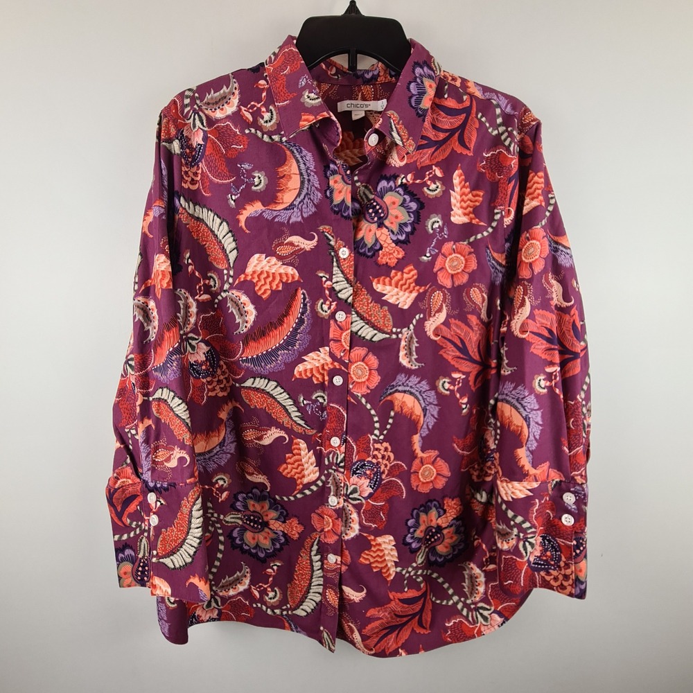 Chicos Womens Purple Paisley Floral Button Down Shirt‎ Sz 3 US 16 Cotton Stretch